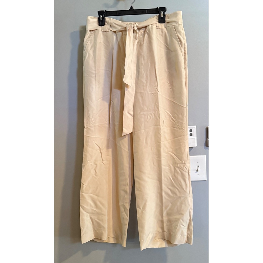 Talbots Silk Wide Leg Pants Womens 12P Beige Heritage Belted Trousers NWT
